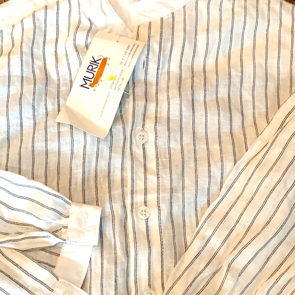 Linen navy blue shorts & white linen pin-striped shirt set - Picture 2 of 4